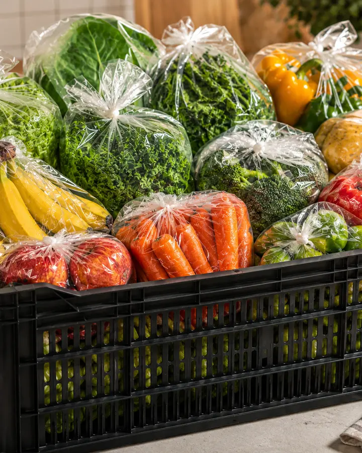 Caixa Frux da semana: caixa plástica preta com frutas, verduras e legumes em sacolas transparentes